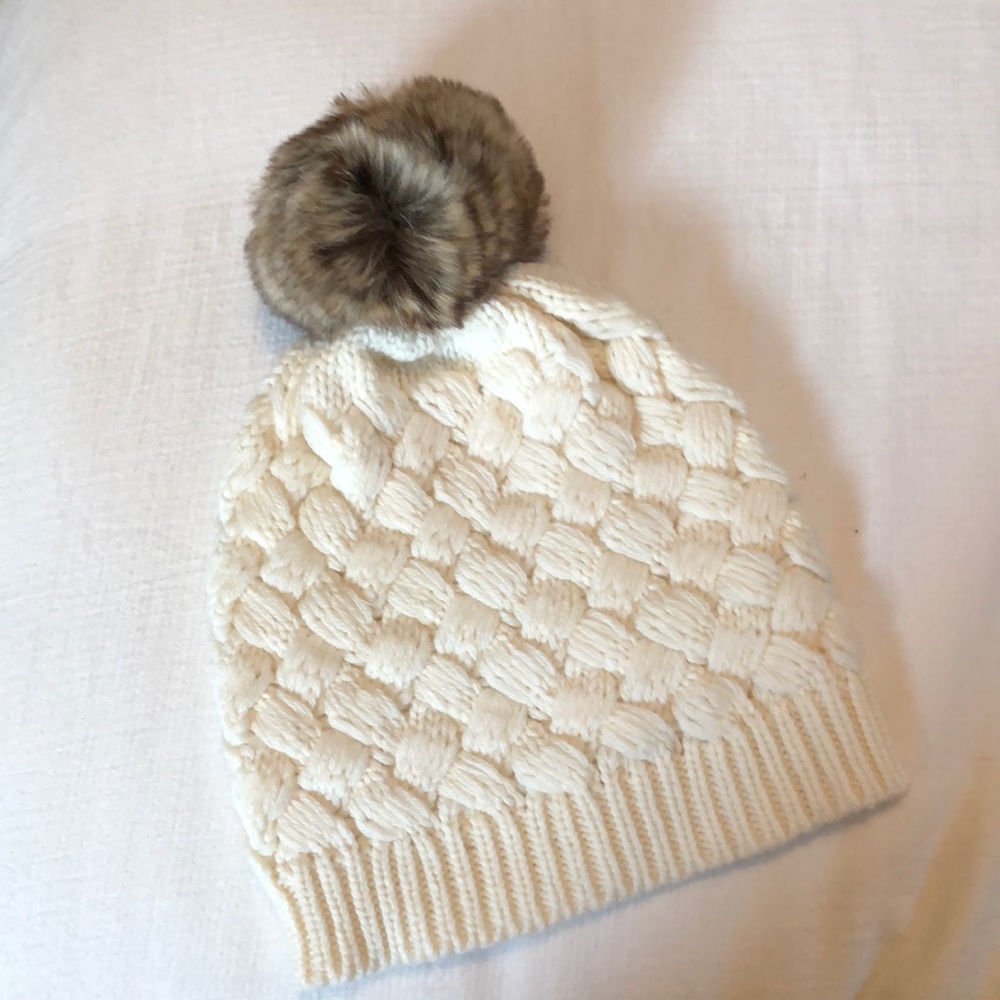 Cream Knit J Crew Pom Pom Hat